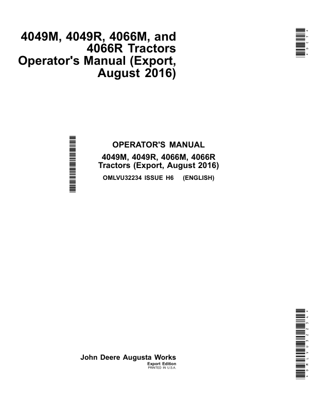 John Deere 4049M, 4049R, 4066M & 4066R (Export Edition) Operator's Manual (OMLVU32234)