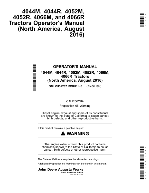 John Deere 4044M, 4044R, 4052M, 4052R, 4066M, 4066R Tractors (North America) (2017-) (GH100001-HH999999) Operator's Manual (OMLVU32267)