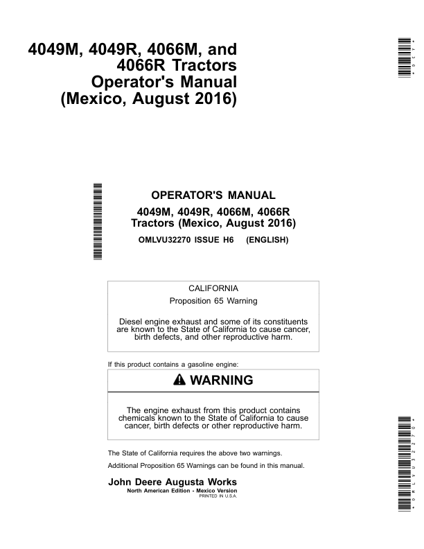 John Deere 4049M, 4049R, 4066M, 4066R Tractors (Mexico Edition) Operator's Manual (OMLVU32270)