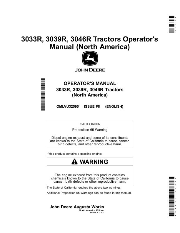 John Deere 3033R, 3039R & 3046R Tractors (North America) (HJ100001-KK999999) Operator's Manual (OMLVU32595)