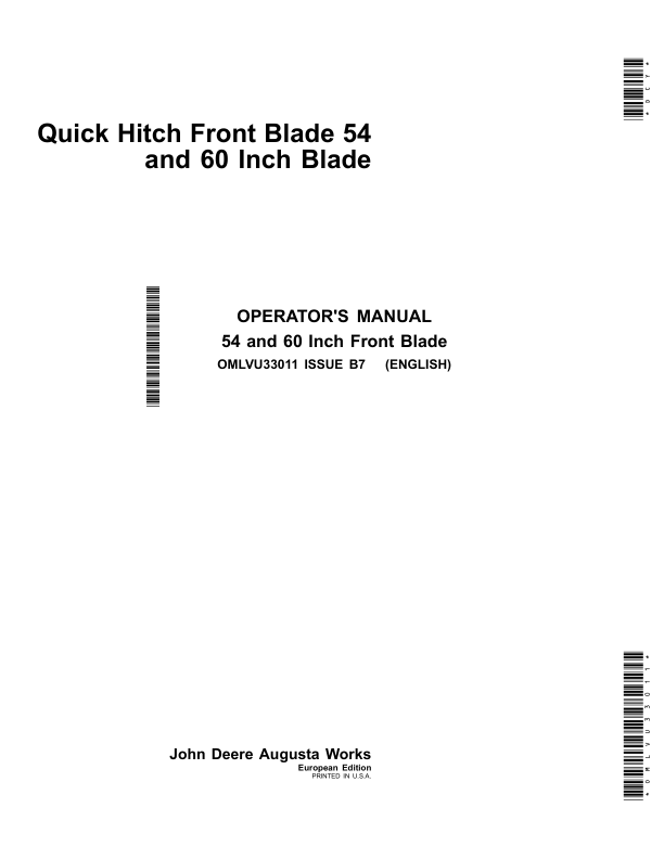 John Deere Quick Hitch Front Blade 54 & 60 Inch Blade Operator's Manual (OMLVU33011)