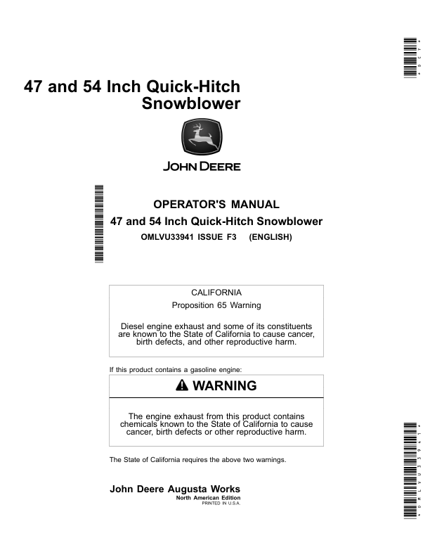 John Deere 47 & 54 Inch Quick-Hitch Snowblowers Operator's Manual (OMLVU33941)