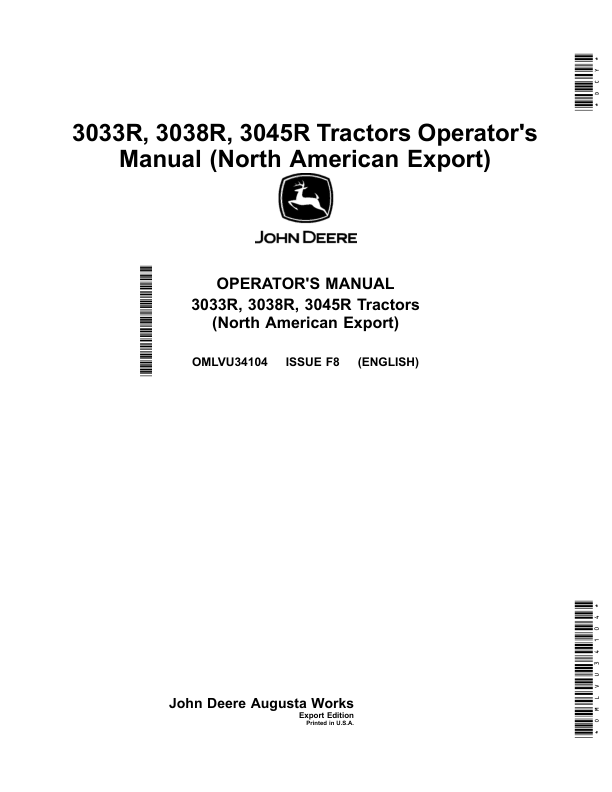 John Deere 3033R, 3038R & 3045R Tractors (Export w/North American Configuration) Operator's Manual (OMLVU34104)