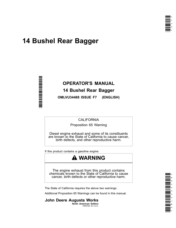 John Deere 14 Bushel Rear Bagger Operator's Manual (OMLVU34488)