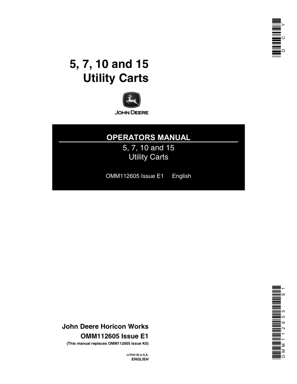 John Deere 5, 7, 10, 15 Dump Carts Operator's Manual (OMM112605)