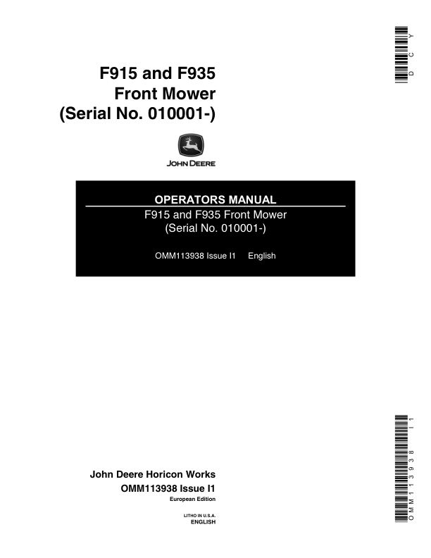 John Deere F915, F935 Front Mower (010001-) Operator's Manual (OMM113938)