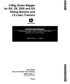 John Deere 2-Bag Grass Bagger for RX, SX, SRX, GX Riding Mowers, LX Lawn Tractors Operator's Manual (OMM115491)