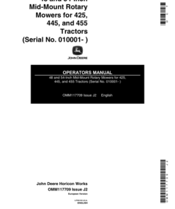 John Deere 48, 54 Inch Mid-Mount Rotary Mower for 425, 445, 455 Tractors Operator's Manual (OMM117709)