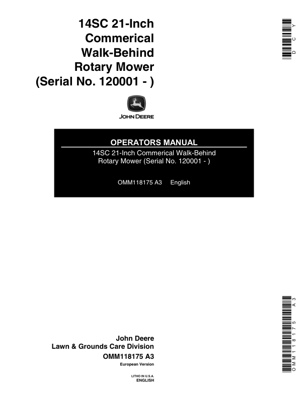 John Deere 14SC 21-In. Walk-Behind Mower Operator's Manual (OMM118175)