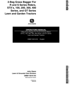 John Deere 2-Bag Bagger for R, S Series Riders, STX's 100, 200, 300, 400 Series, GT Series Lawn, Garden Tractors Operator's Manual (OMM118316)