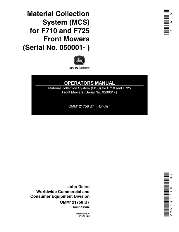 John Deere Material Collection System (MCS) For F710, F725 Front Mowers (050001-) Operator's Manual (OMM121758)