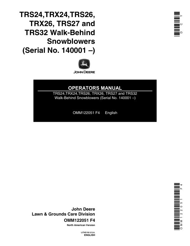 John Deere TRS24, TRS26, TRS27, TRS32, TRX24, & TRX26 Walk-Behind Snowblowers Operator's Manual (OMM122051)