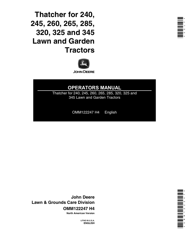 John Deere Thatcher for 240, 245, 260, 265, 285, 320, 325, 345 Lawn & Garden Tractors Operator's Manual (OMM122247)