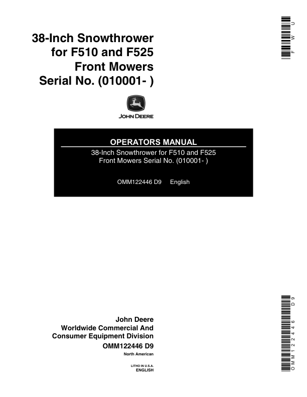 John Deere 38 Inch Snowthrower (010001-) Operator's Manual (OMM122446)