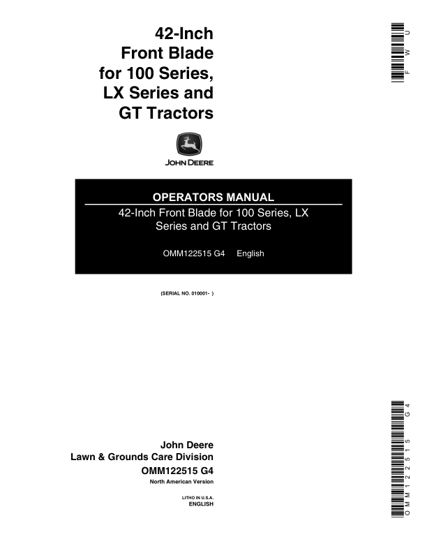 John Deere 42-Inch Front Blade for 100 Series, LX Series, GT Tractors (010001-) Operator's Manual (OMM122515)