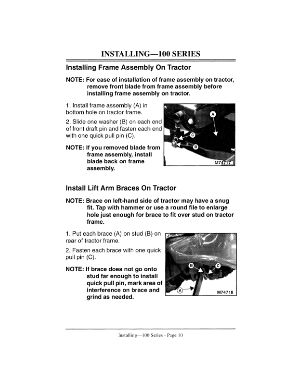 John Deere 42-Inch Front Blade for 100 Series, LX Series, GT Tractors (010001-) Operator's Manual (OMM122515) - Image 2