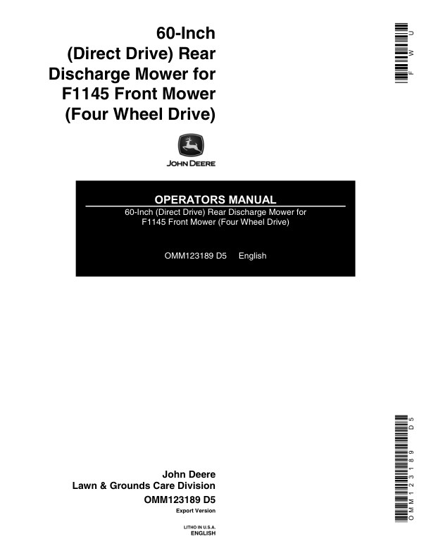 John Deere 60-Inch Direct-Drive Rear-Discharge Mower for F1145 Front Mowers (4WD) Export Edition Operator's Manual (OMM123189)
