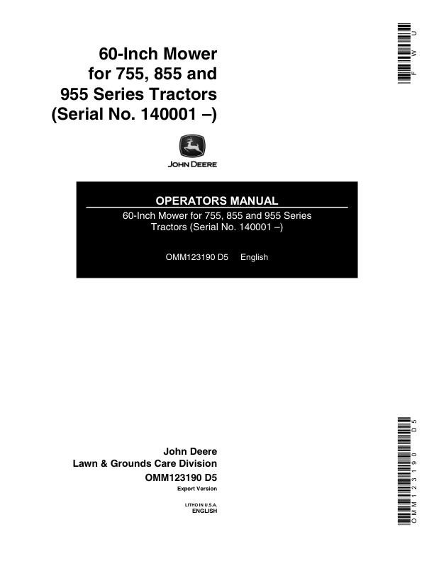 John Deere 60-Inch Tractor-Mounted Mower Operator's Manual (OMM123190)
