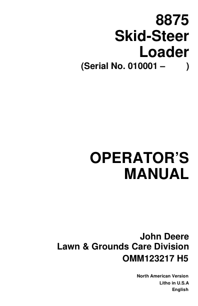 John Deere 8875 Skid Steers Operator's Manuals (OMM123217)