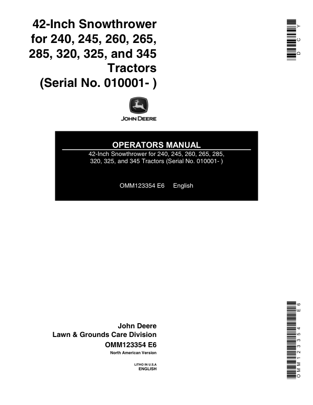 John Deere 42-Inch Snowthrower for 240, 245, 260, 265, 285, 320, 325, 345 Tractors (010001-200000) Operator's Manual (OMM123354)