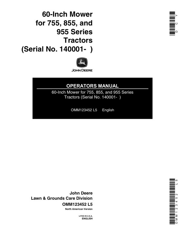 John Deere 60-In. Mower for 755, 855, 955 Series Tractors (140001-) Operator's Manual (OMM123452)