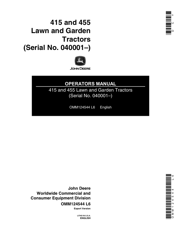 John Deere 415, 455 Lawn & Garden Tractor Operator's Manual (OMM124544)