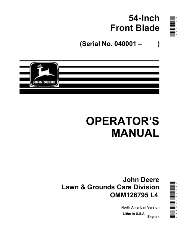 John Deere 54 Inch Front Blade (040001-) Operator's Manual (OMM126795)