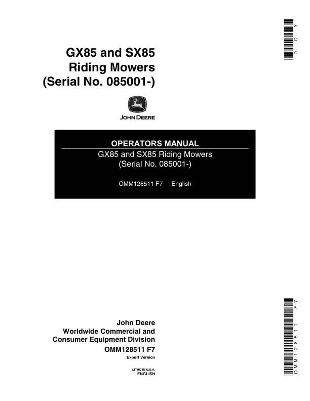 John Deere GX85 & SX85 Riding Mower Operator's Manual (OMM128511)