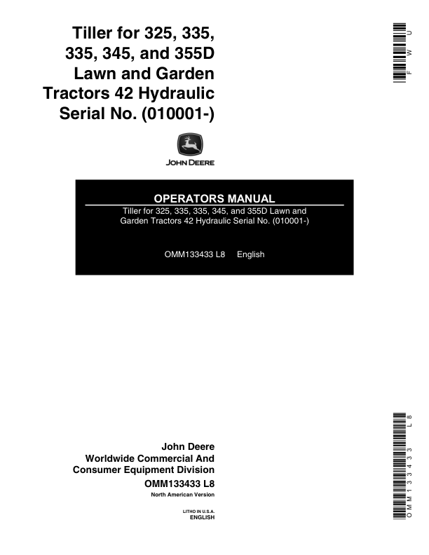 John Deere 42-Inch Hydraulic Tiller for 325, 335, 345, 355D Lawn & Garden Tractors(-025000) Operator's Manual (OMM133433)