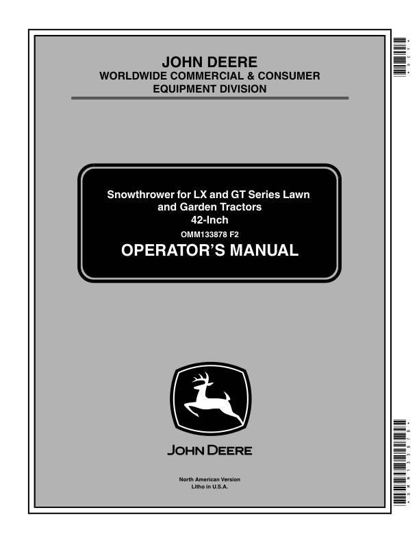 John Deere 42-Inch Snowthrower (010001-) (lever lift ) for LX & GT Series Lawn & Garden Tractors Operator's Manual (OMM133878)