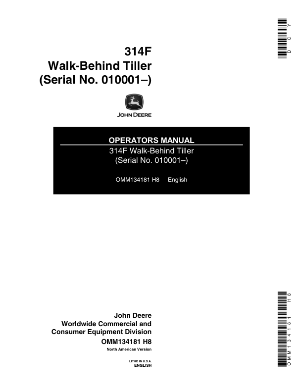 John Deere 314F Walk-Behind Tiller (010001- ) Operator's Manual (OMM134181)