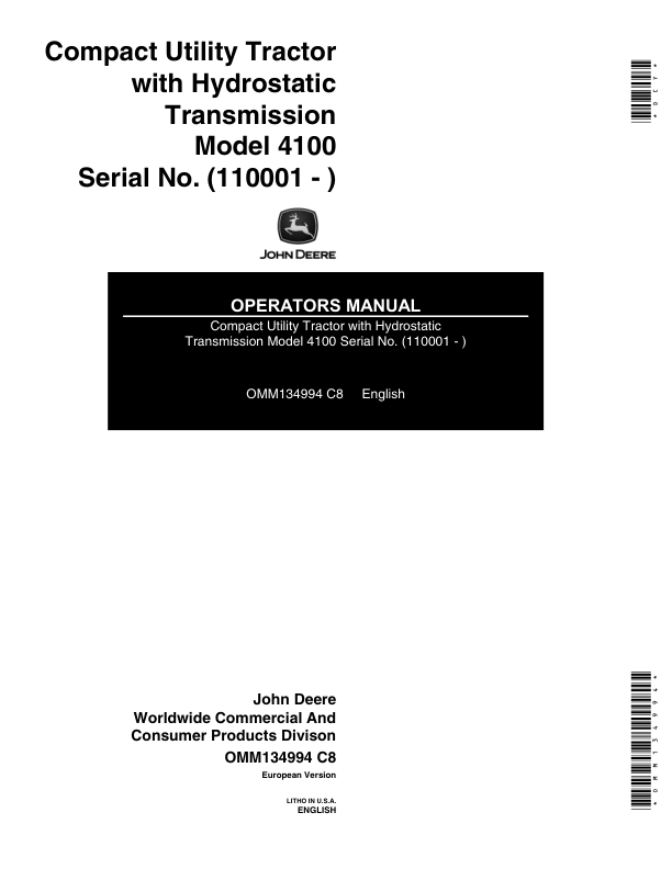 John Deere 4100 Compact Utility Tractor with Hydrostatic Transmission (110001-) Operator's Manual (OMM134994)