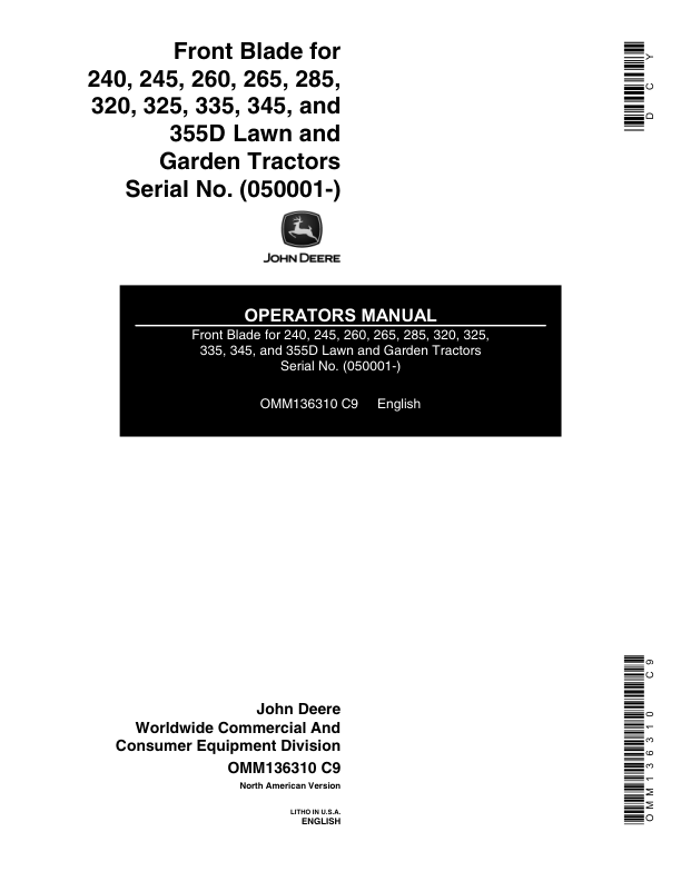 John Deere 48-Inch Front Blade (050001-) Operator's Manual (OMM136310)