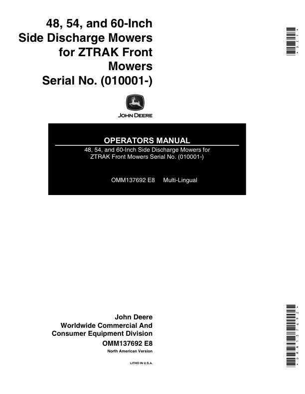John Deere 48-, 54-, 60-In. Side Discharge Mowers for ZTRAK Front Mowers (010001-) Operator's Manual (OMM137692)