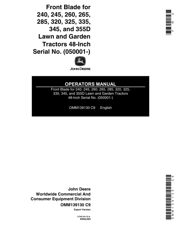 John Deere 48-Inch Front Blade (050001-) Operator's Manual (OMM139130)