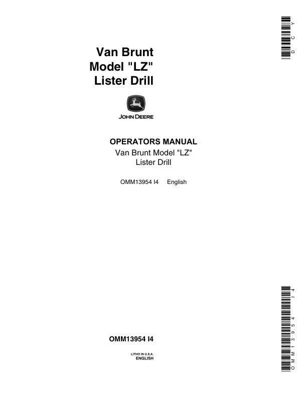 John Deere Van Brunt Model LZ Lister Drill Operator's Manual (OMM13954)