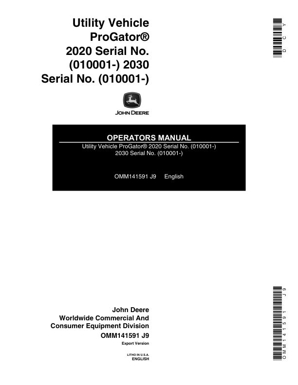 John Deere 2020 & 2030 ProGator Export Edition (010001-020000) Operator's Manual (OMM141591)