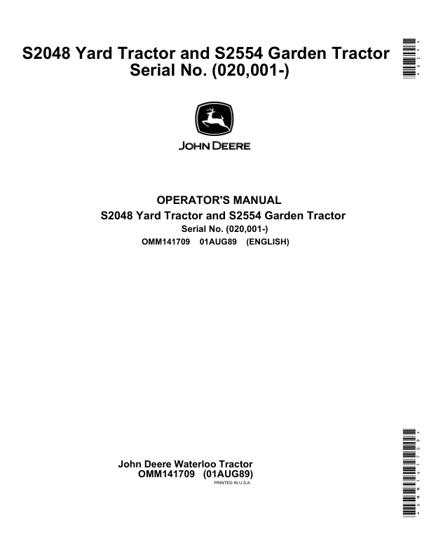 John Deere S2048 Scotts Yard Tractor (020001-) Operator's Manual (OMM141709)
