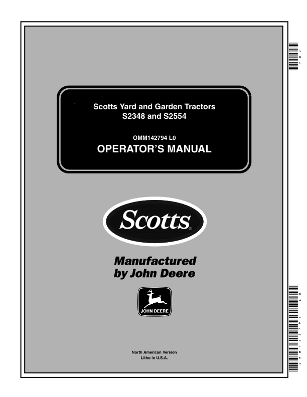 John Deere S2348, S2554 Scotts Yard & Garden Tractors (020001-) Operator's Manual (OMM142794)
