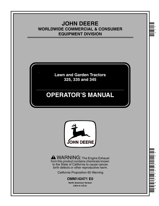 John Deere 325, 335, 345 Lawn & Garden Tractor (070001-) Operator's Manual (OMM143471)