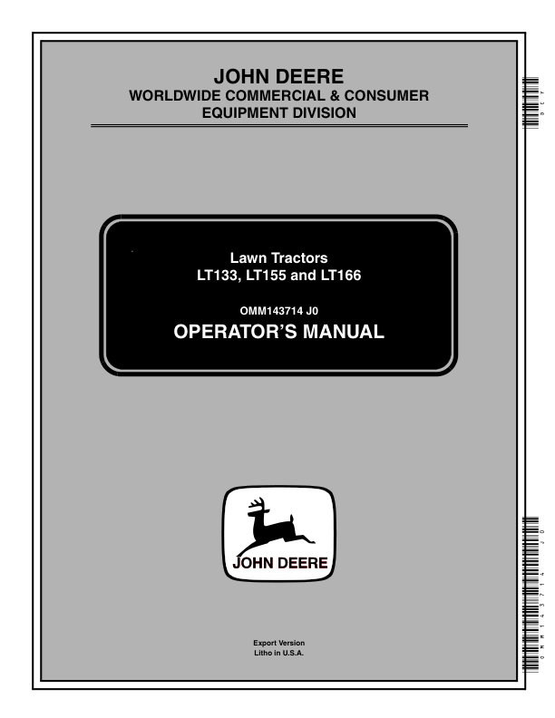 John Deere LT133, LT155 & LT166 Lawn Tractors Export Edition (125001-) Operator's Manual (OMM143714)