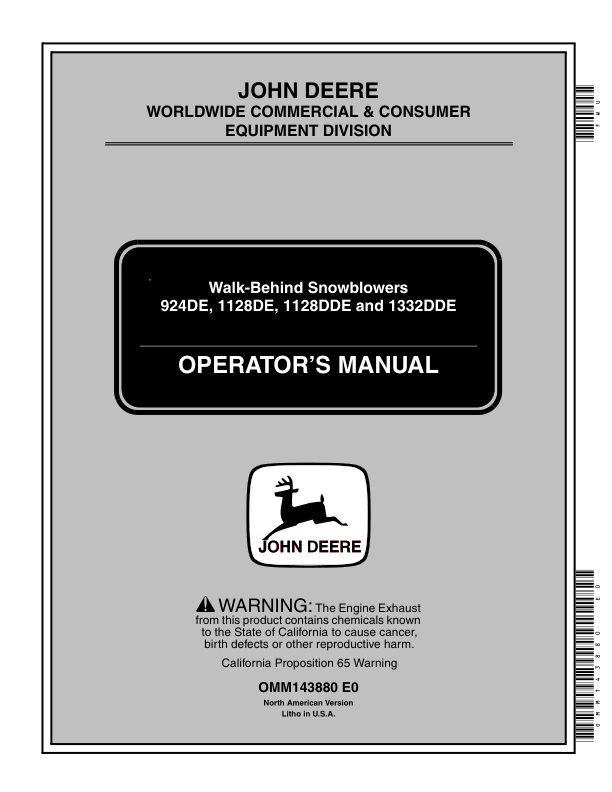 John Deere 924DE, 1228DE, 1128DDE, 1332DDE Walk-Behind Snowblowers (200001-) Operator's Manual (OMM143880)