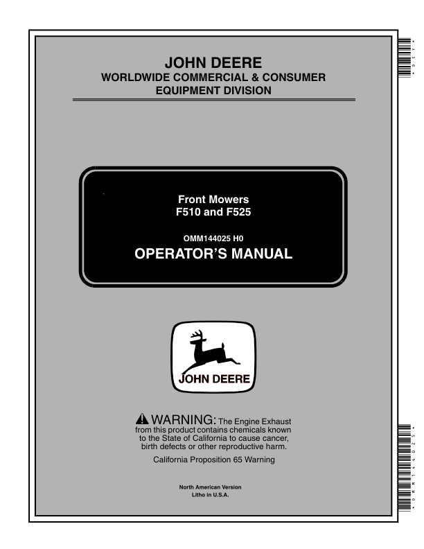 John Deere F510, F525 Front Mowers (120001-) Operator's Manual (OMM144025)