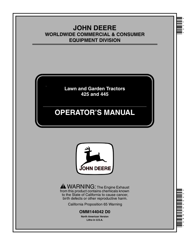 John Deere 425, 445 Lawn & Garden Tractors (070001-) Operator's Manual (OMM144042)