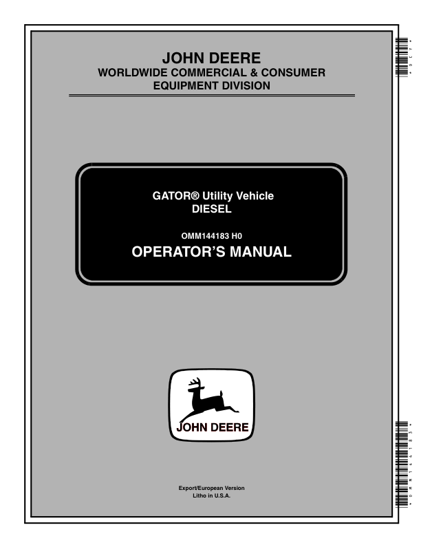 John Deere 6x4 Gator Utility Vehicle Export Edition (008807-068204) Operator's Manual (OMM144183)