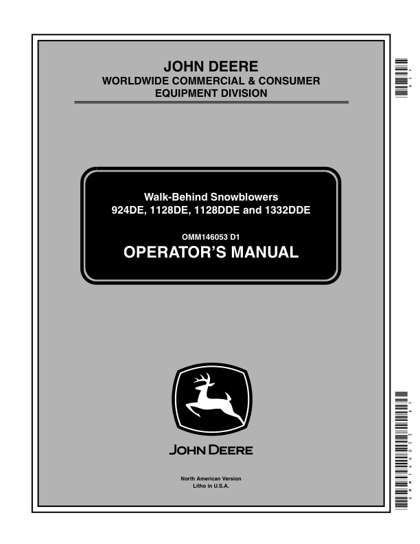 John Deere 924DE, 1128DE, 1128DDE, 1332DDE Walk-Behind Snowblowers (210001-) Operator's Manual (OMM146053)