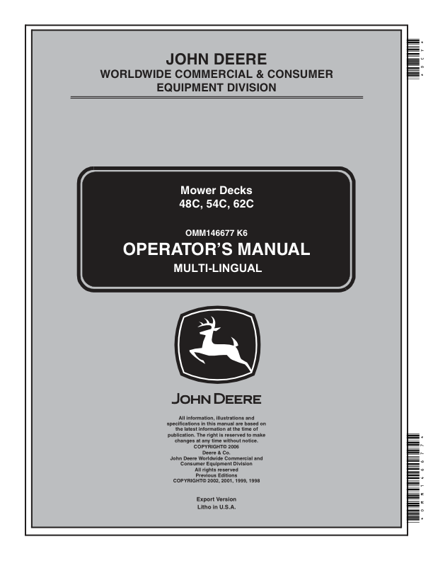 John Deere 48C, 54C, 62C Mower Decks w/o Deck Shields for X400/X500/X700 Operator's Manual (OMM146677)