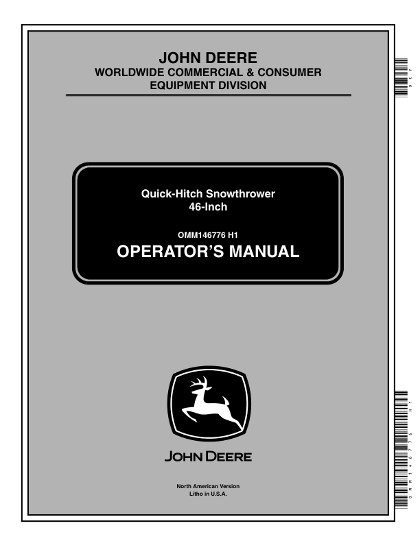 John Deere 46-Inch Quick-Hitch Snowthrower (010001-) Operator's Manual (OMM146776)