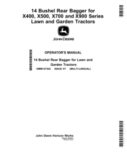 John Deere 14 Bushel Rear Bagger for X400, X500, X700, X900 Series Lawn, Garden Tractors (Export Edition) Operator's Manual (OMM147542)