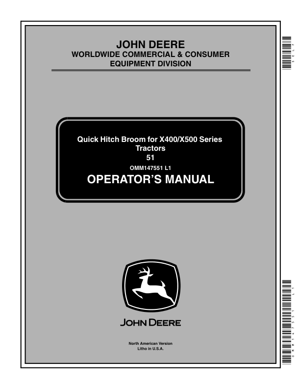 John Deere 51-In. Quick Hitch Rotary Broom for X400/X500 Series Tractor Operator's Manual (OMM147551)